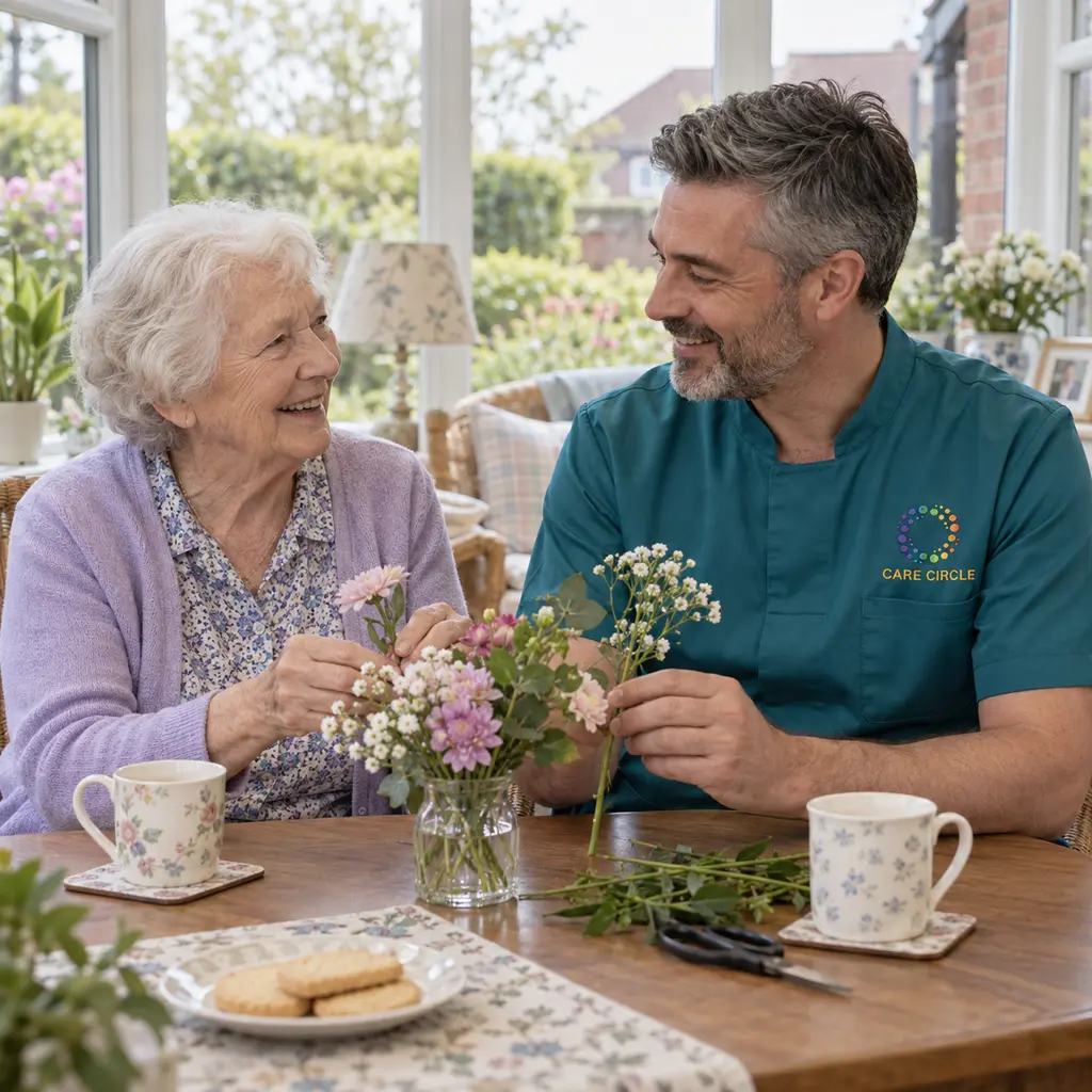 An older person and a Care Circle carer enjoying conversation and a shared activity at home.