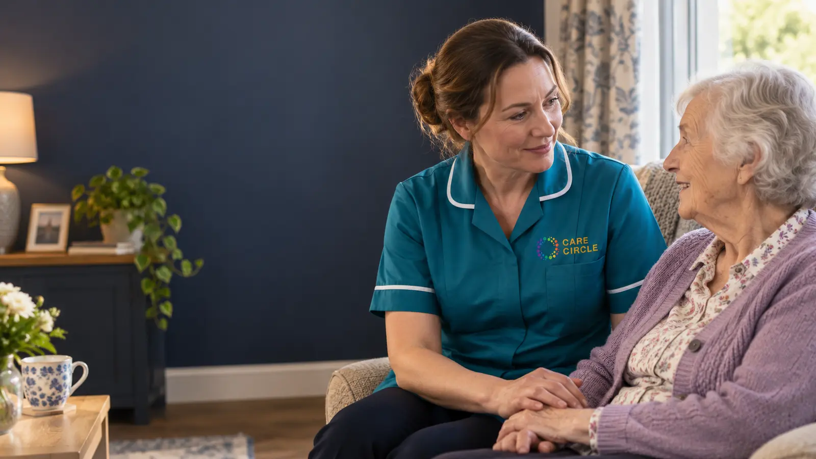 A Care Circle-uniformed nurse listening to an older woman in her own sitting room.