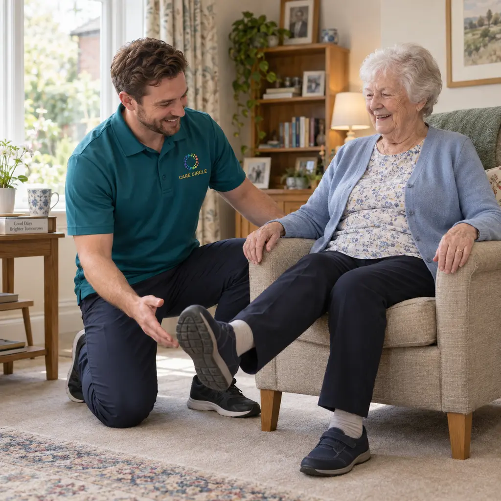 A Care Circle rehabilitation professional supporting gentle seated exercise with an older woman at home.